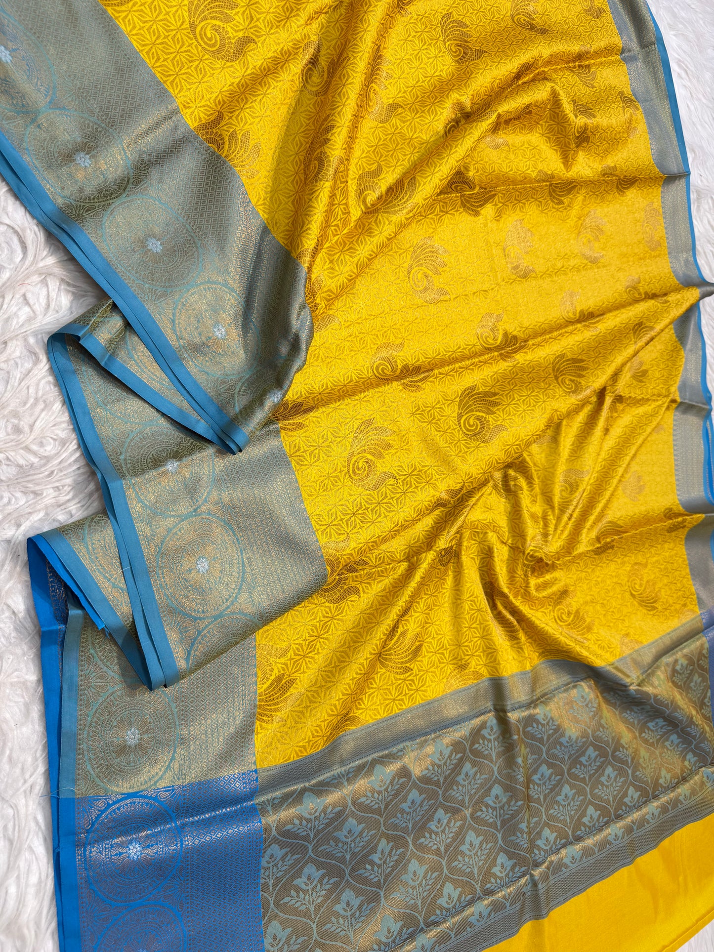 Yellow firozi shade premium soft silk Banarasi saree