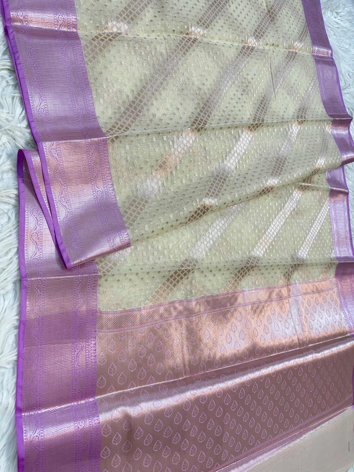Off white & purple shade cotton premium Banarasi saree