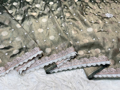 Bottle green  shade tissue ari & zardosi work designer premium Banarasi saree