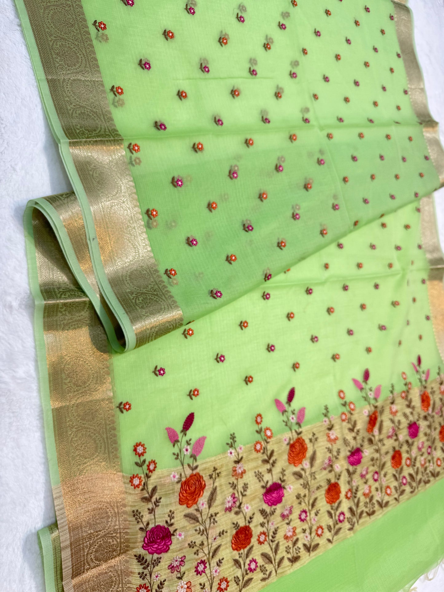 Pista green  shade cotton kota embroidery Banarasi saree