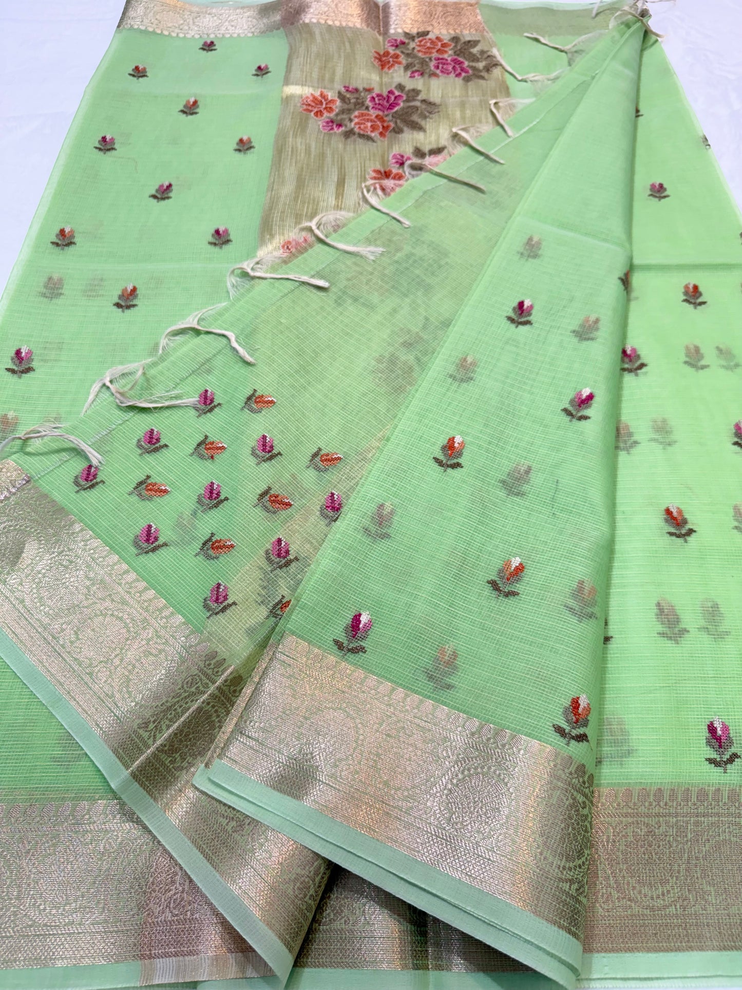 Pista green shade cotton kota embroidery Banarasi saree