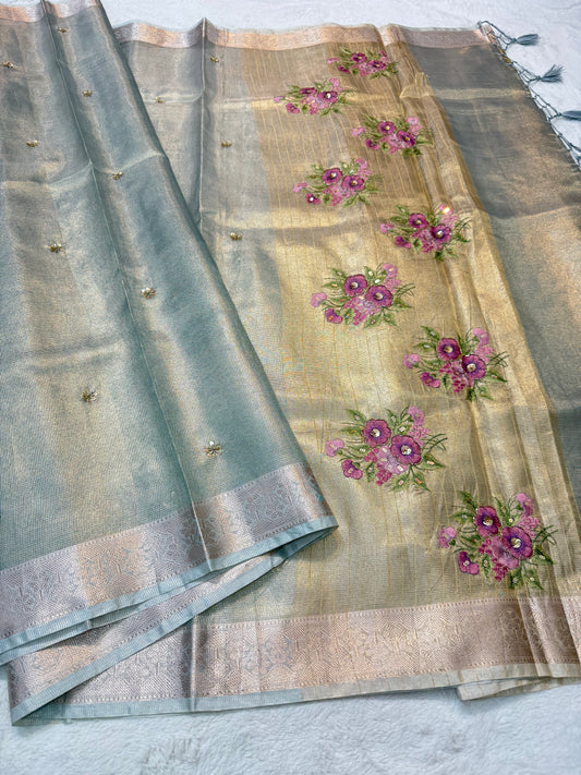 Light slate blue shade kota tissue kota designer embroidery handwork premium Banarasi saree