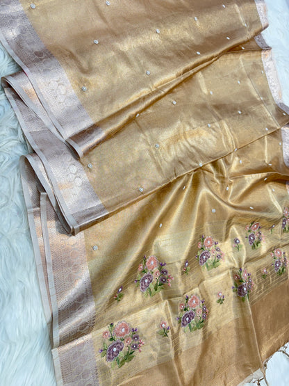 Peach shade kota tissue kota designer embroidery handwork premium Banarasi saree