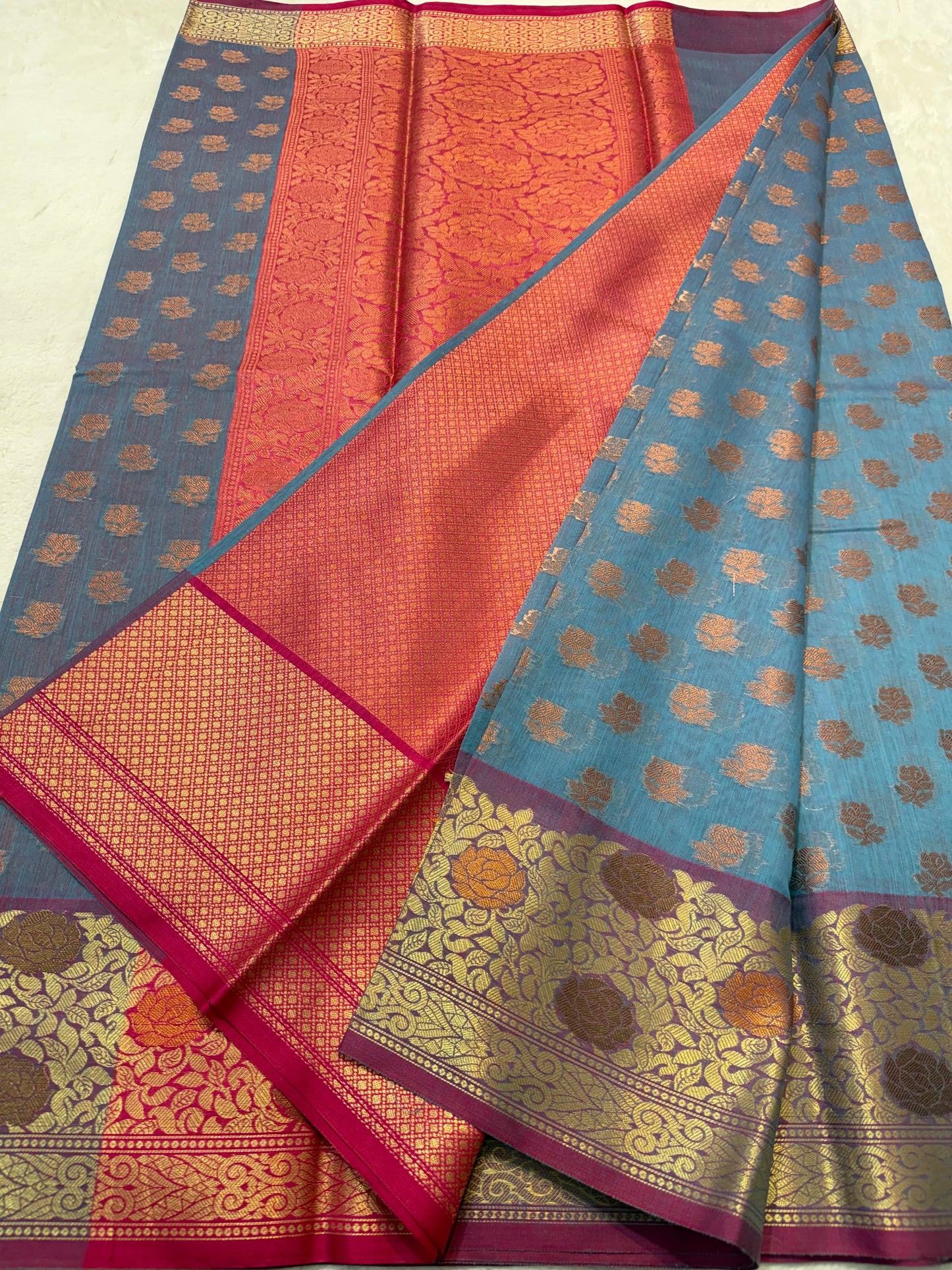 Grey red cotton silk premium Banarasi saree