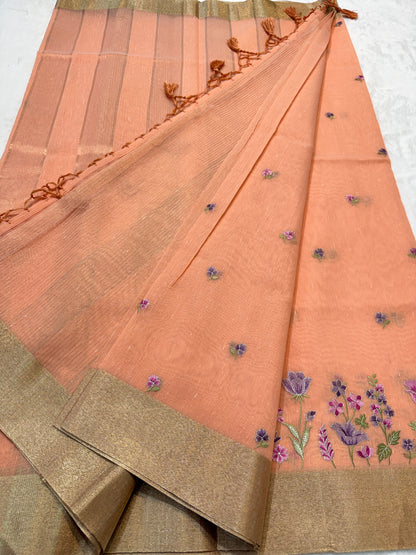 Peach shade linen embroidery premium Banarasi saree