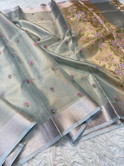Sea green  shade tissue kota embroidery primum Banarasi saree