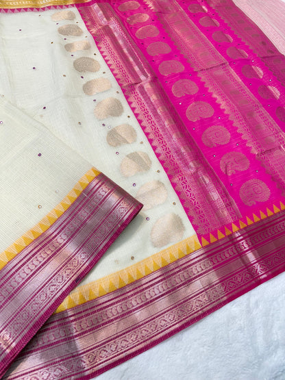 Off white mustard pink shade kota mirror work premium Banarasi saree