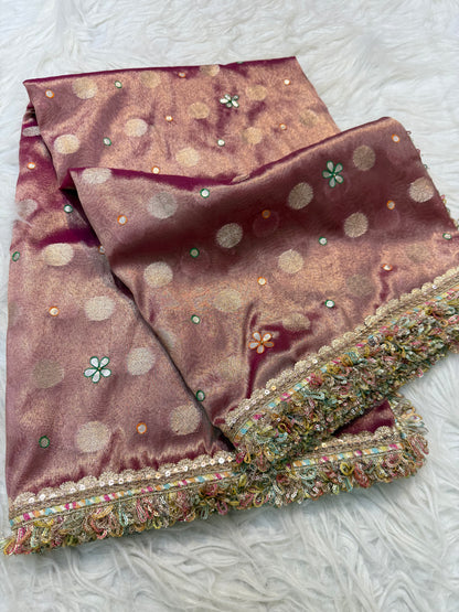 Magenta shade tissue ari & zardosi work designer premium Banarasi saree