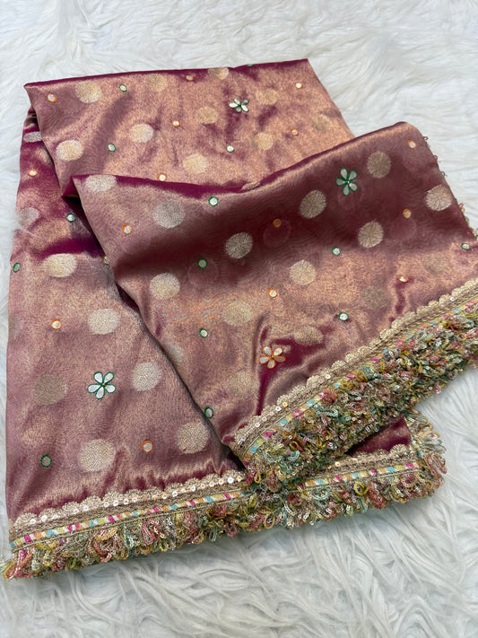 Magenta shade tissue ari & zardosi work designer premium Banarasi saree