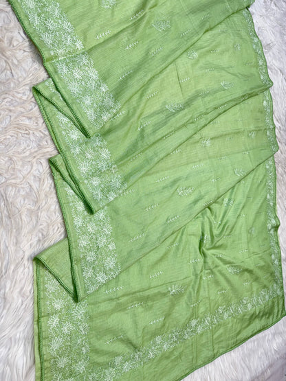 Pista green shade cotton kota chickenkari embroidery Banarasi saree