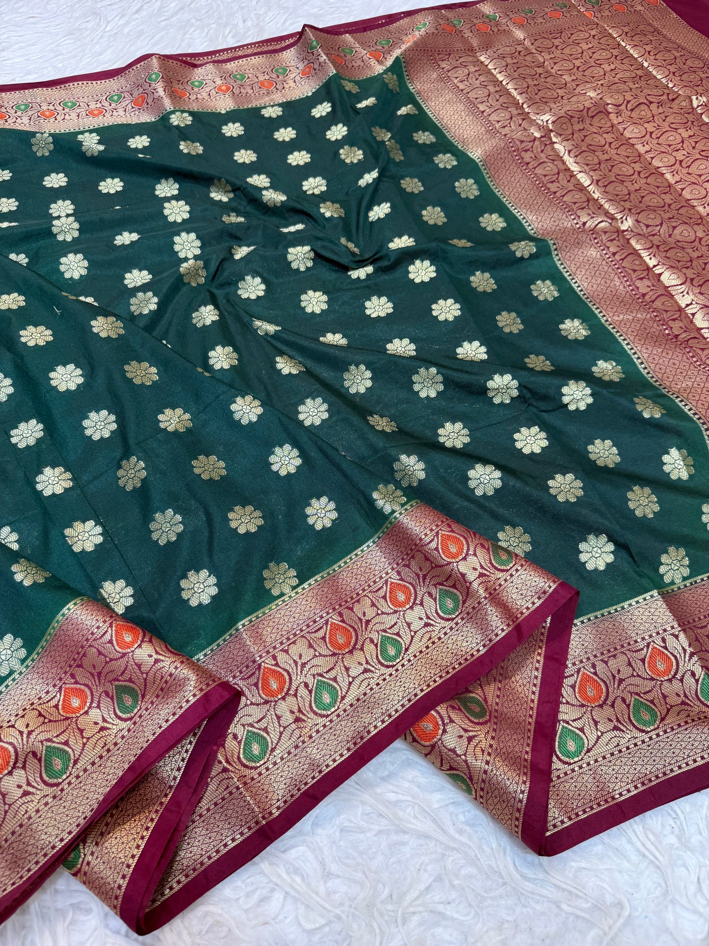 Bottle green & maroon shade  Dupion Silk premium Banarasi Saree