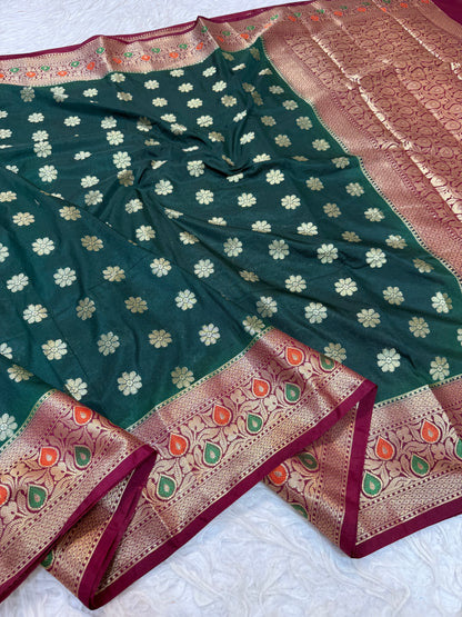 Bottle green & maroon shade  Dupion Silk premium Banarasi Saree