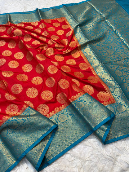 Red & firozi shade Dupion Silk Banarasi Saree 