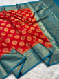 Red & firozi shade Dupion Silk Banarasi Saree 
