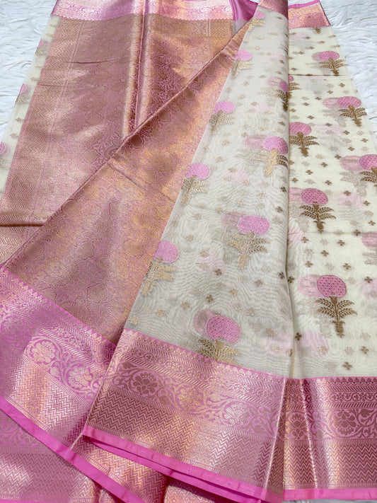 Off white & pink shade cotton premium Banarasi saree