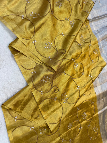 Gold silver tissue half half  tissue designer hand work Banarasi saree