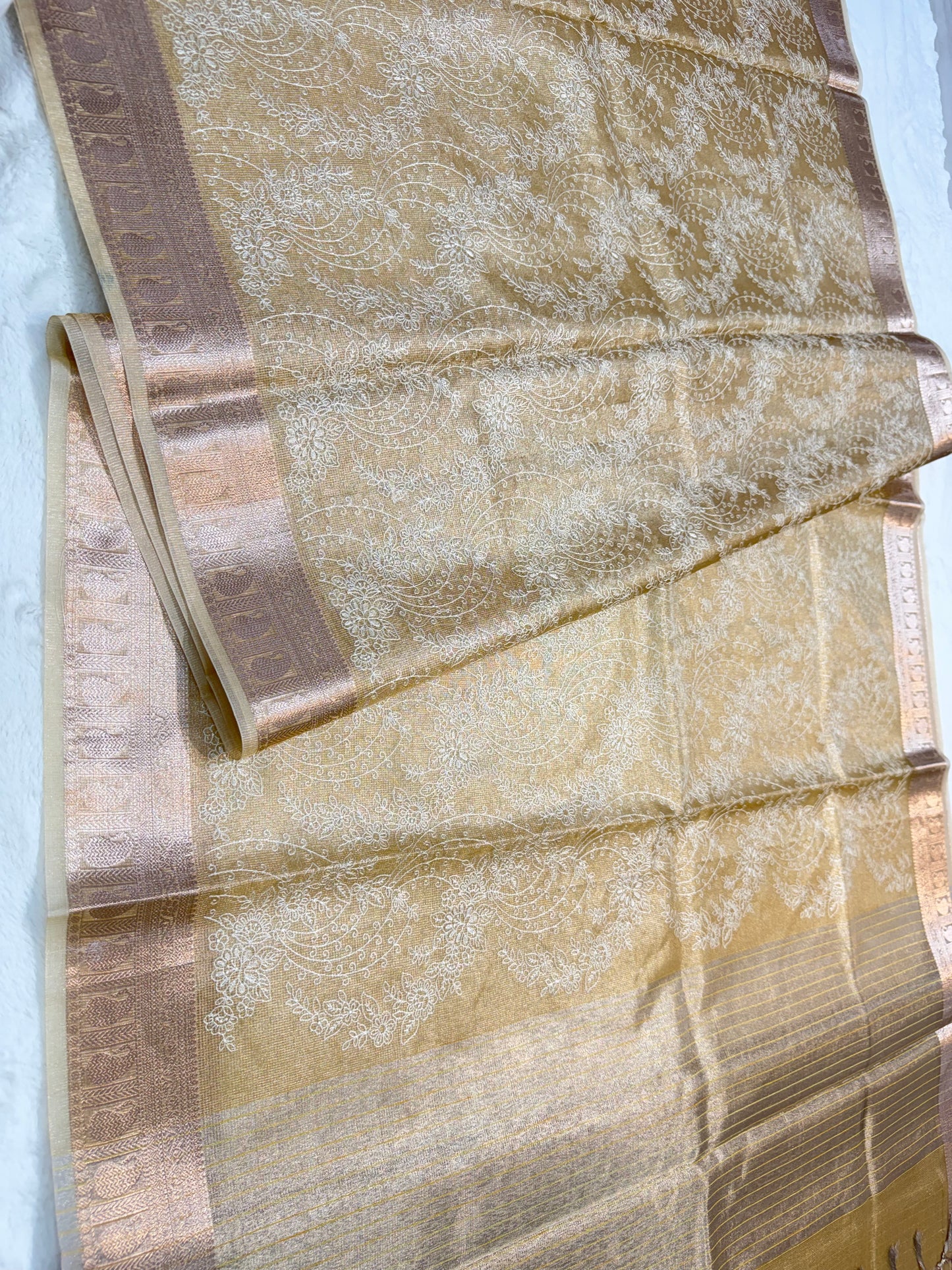 Antique Gold shade tissue kota designer embroidery premium Banarasi saree