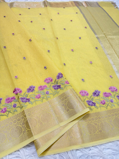 Yellow shade linen embroidery Banarasi saree