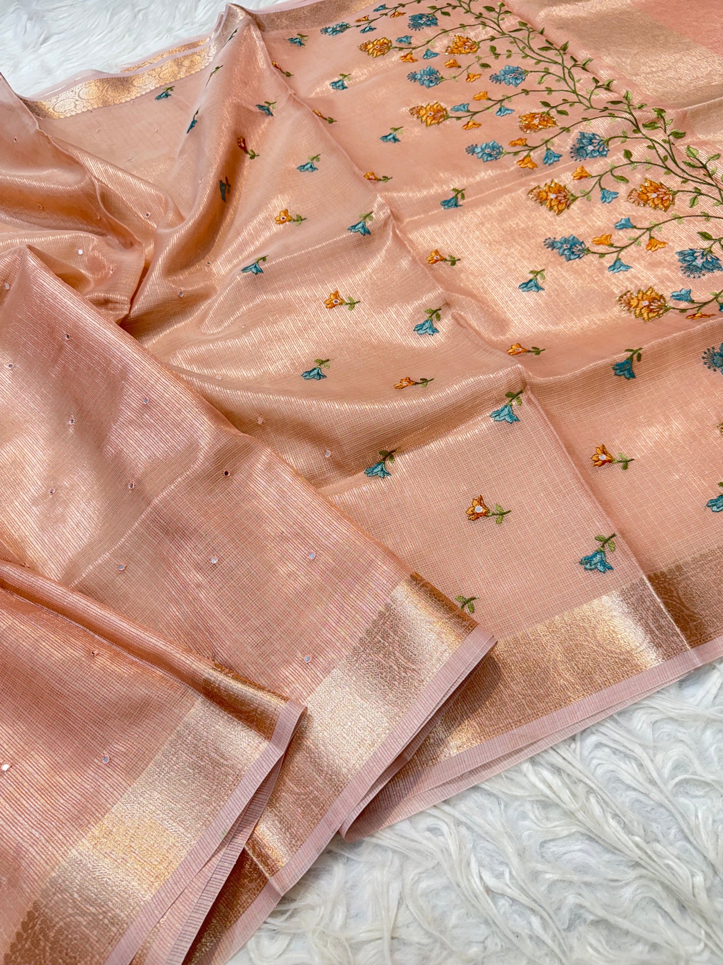 Peach shade tissue kota embroidery mirror work premium Banarasi saree