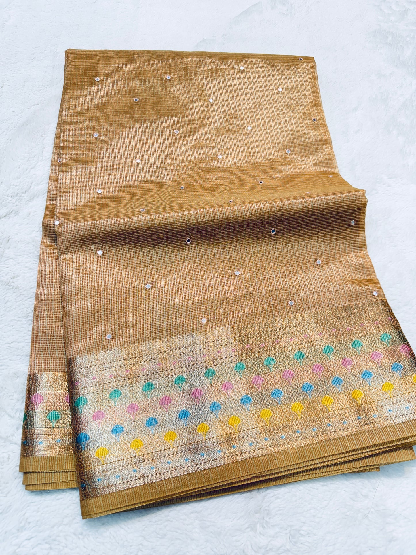 Bronze shade tissue kota mirror work premium Banarasi saree