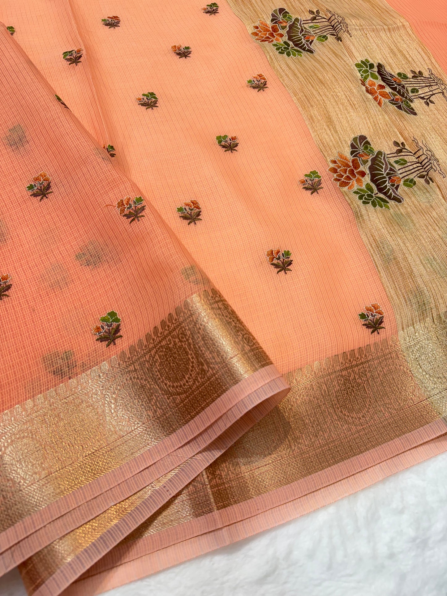 Peach shade cotton kota embroidery Banarasi saree
