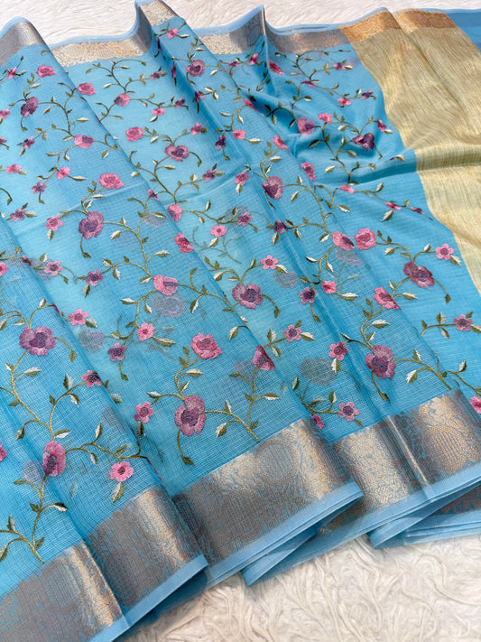 Sky blue shade cotton kota embroidery Banarasi saree