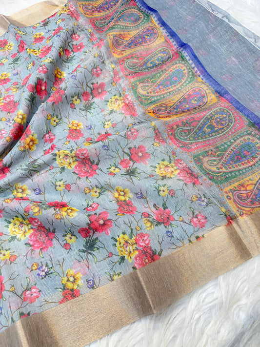 multicolour linen digital print Banarasi saree