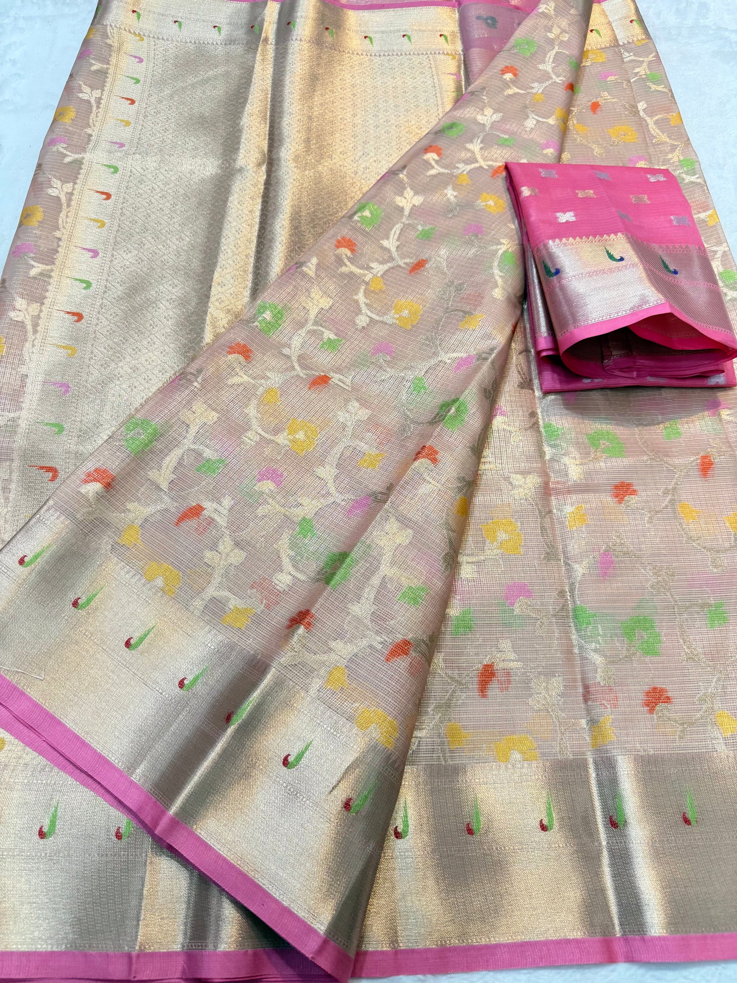 Peach & multicolour shade tissue kota premium paithani border designer banarasi saree