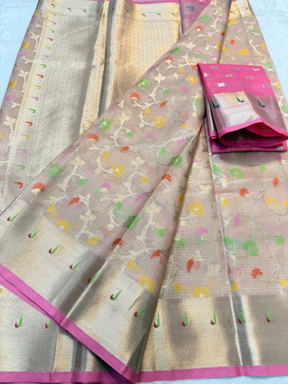 Peach & multicolour shade tissue kota premium paithani border designer banarasi saree