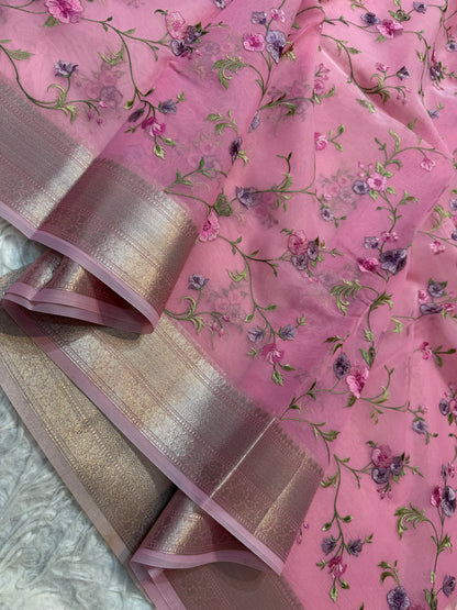 Pink shade organza embroidery Banarasi saree