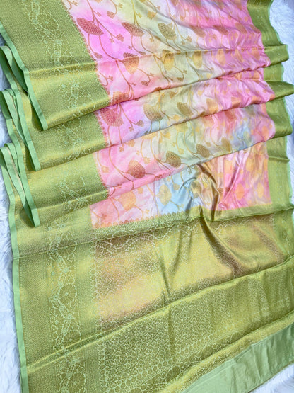Pista green & multicolour Dupion silk digital print Banarasi saree