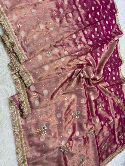 Magenta shade tissue ari & zardosi work designer premium Banarasi saree