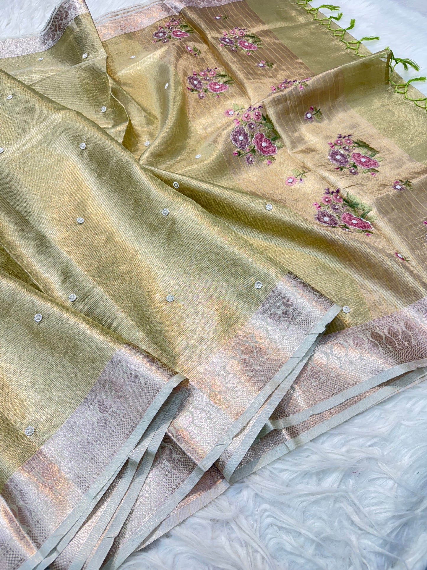 Pista green shade kota tissue kota designer embroidery handwork premium Banarasi saree