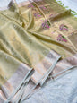 Pista green shade kota tissue kota designer embroidery handwork premium Banarasi saree