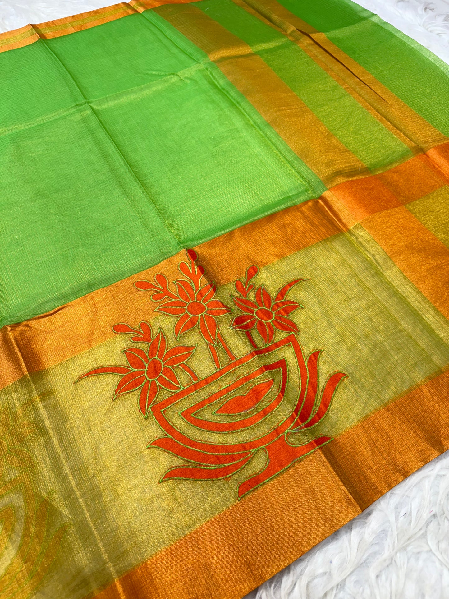 Green bronze shade tissue appliqué work primum Banarasi saree