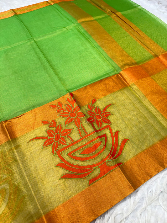 Green bronze shade tissue appliqué work primum Banarasi saree
