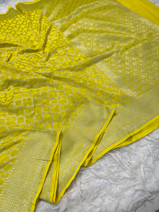 Yellow shade khaddi georgatte premium Banarasi saree