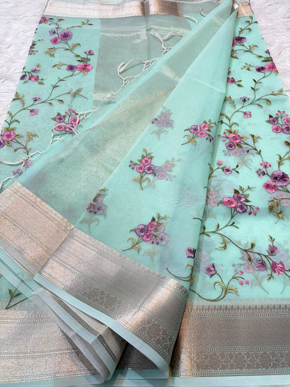 Turquoise shade organza embroidery Banarasi saree