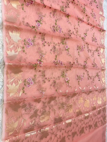 Peach shade kora organza embroidery Banarasi saree