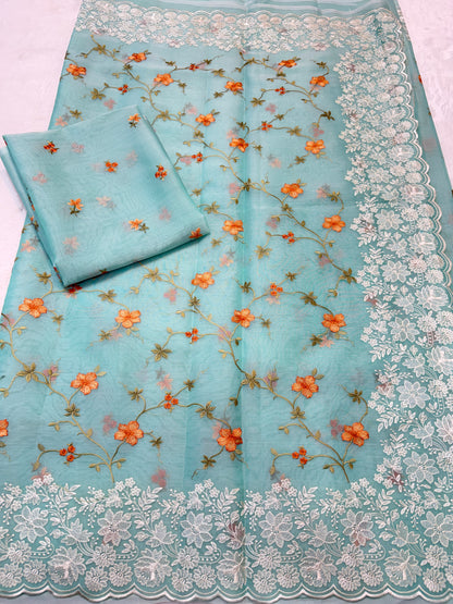 Sea green shade organza designer cutwork premium embroidery Banarasi saree