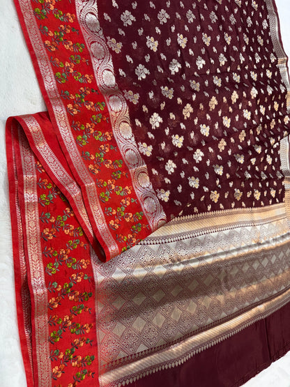 Wine & red shade raw mango premium embroidery Banarasi saree