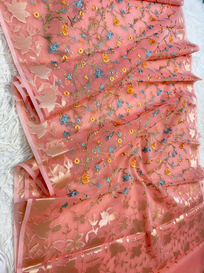 Peach shade kora organza embroidery Banarasi saree