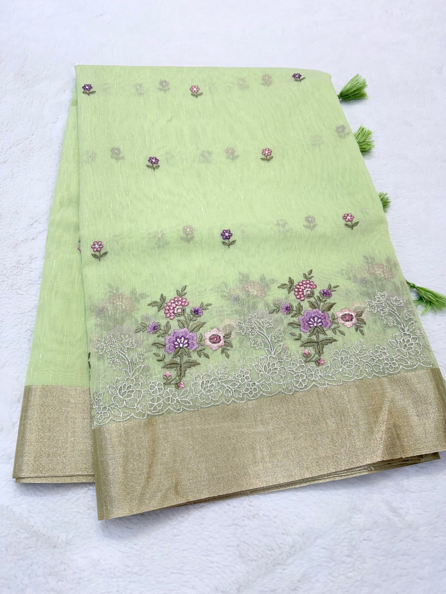 Pista green shade linen embroidery Banarasi saree