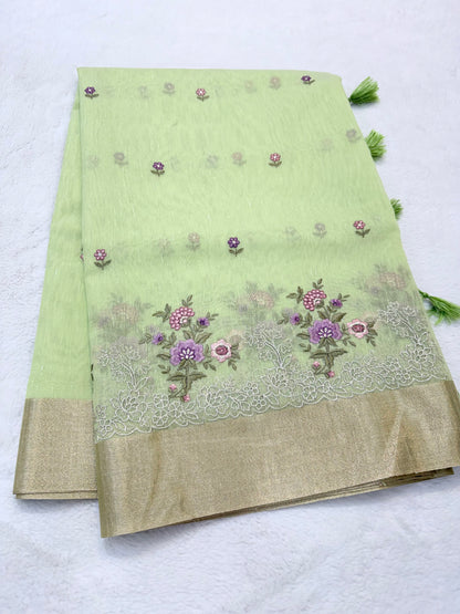 Pista green shade linen embroidery Banarasi saree