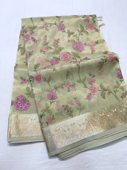 Pista green shade tissue kota embroidery primum Banarasi saree