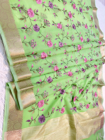 Pista green shade kota  embroidery Banarasi saree