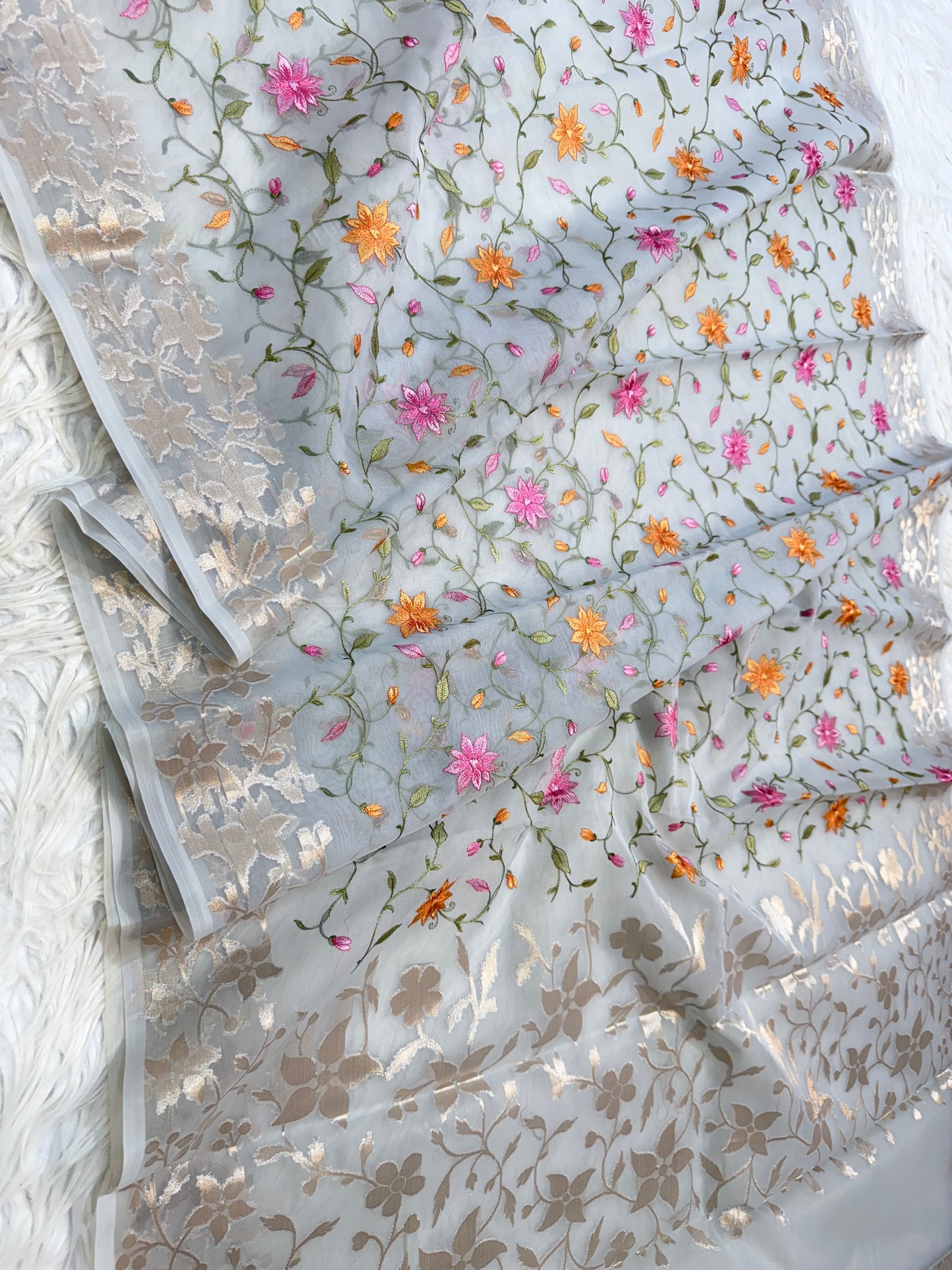 Grey shade kora organza  embroidery Banarasi saree