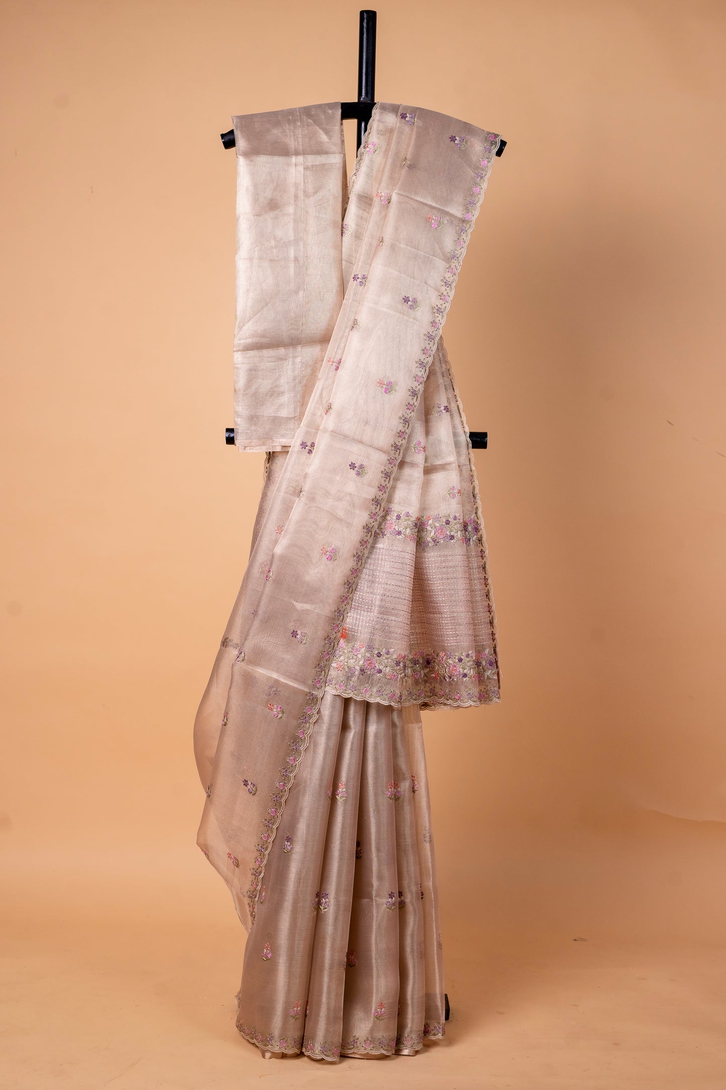 Beige shade tissue kota designer embroidery premium Banarasi saree