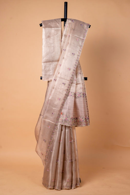 Beige shade tissue kota designer embroidery premium Banarasi saree