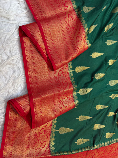 Bottle green red shade Dupion Silk Banarasi Saree 